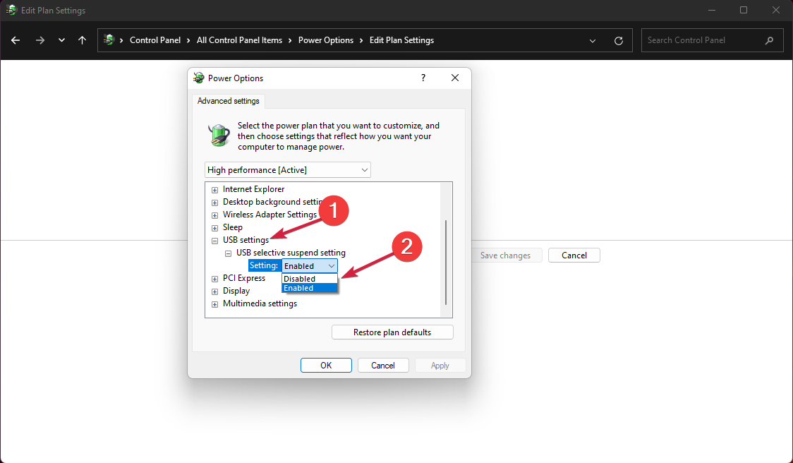 Next, click USB Settings to extend the USB Selective suspension setting and change its value to Disabled