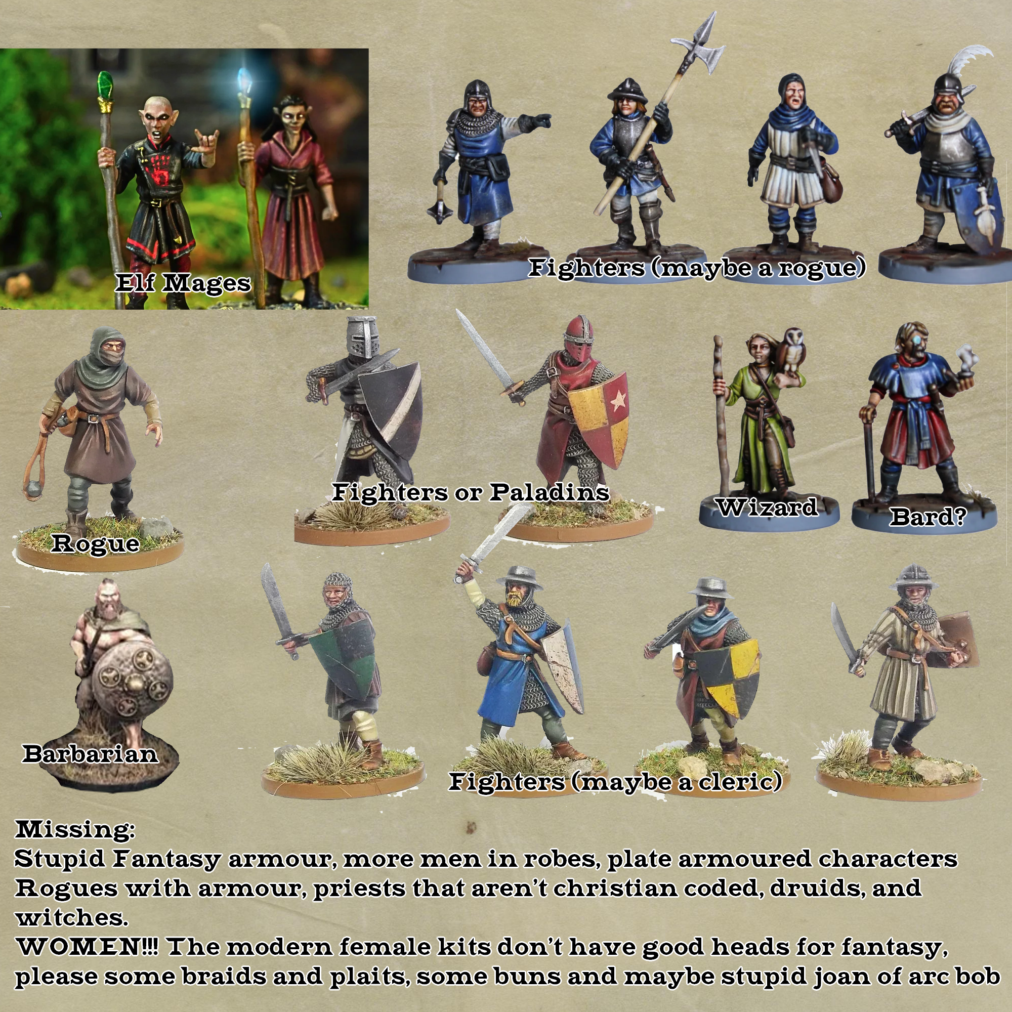 A collection of Wargames Atlantic models labelled as specific fantasy rpg classes
