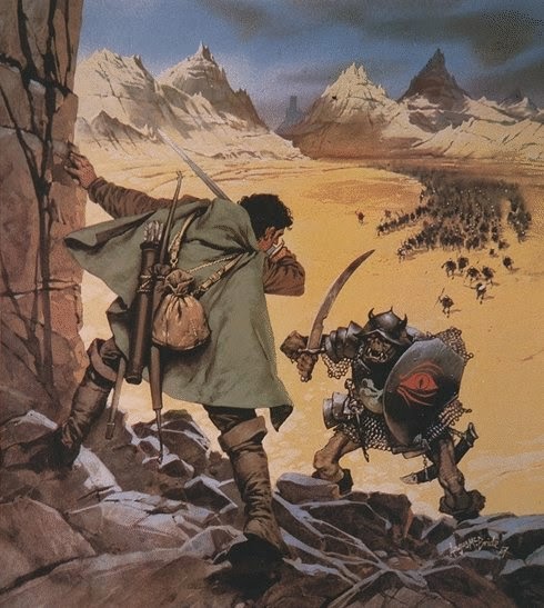 mcbride orc facing down an adventurer, an army of orcs in the background